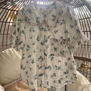 Anthropologie Pilcro The Keira Cream Floral Puff Sleeve Button-Up Blouse